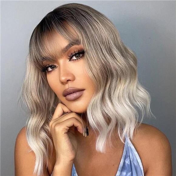 Blonde Wavy Wig with Bangs Soft Short Bob Wigs for Women - Picture 1 of 6